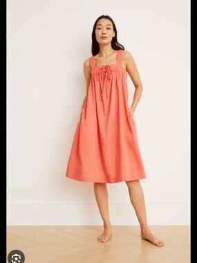 Lake Pajamas Poplin Caroline Cotton Blend Tie Front Nightgown Muted Coral sz M